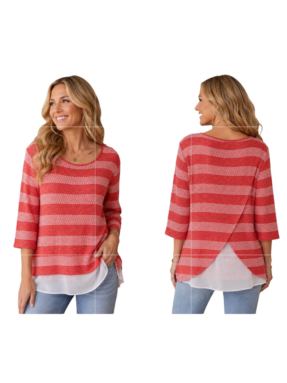 NWT Limited coral White Striped Layered Chiffon Hem Top Women’s 3/4 Sleeve XL
